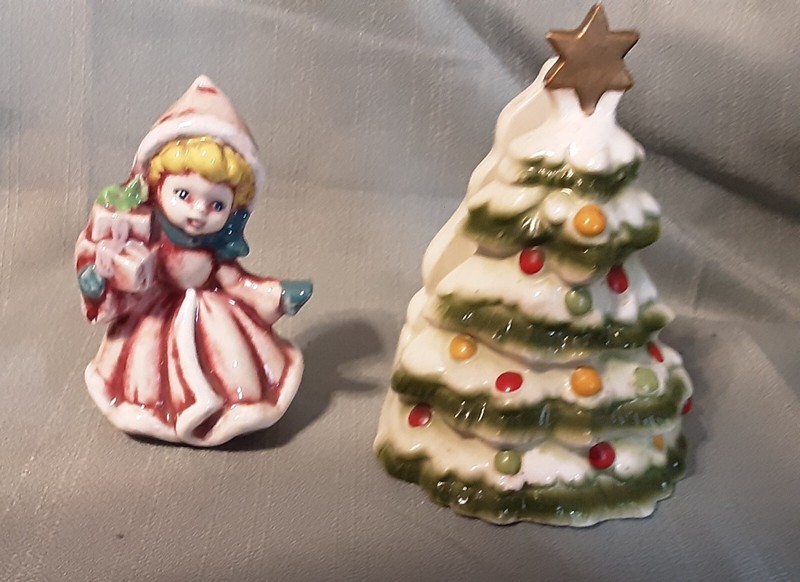 Vintage Lefton Christmas Tree Napkin Holder & Handicap Village Girl w/Presents