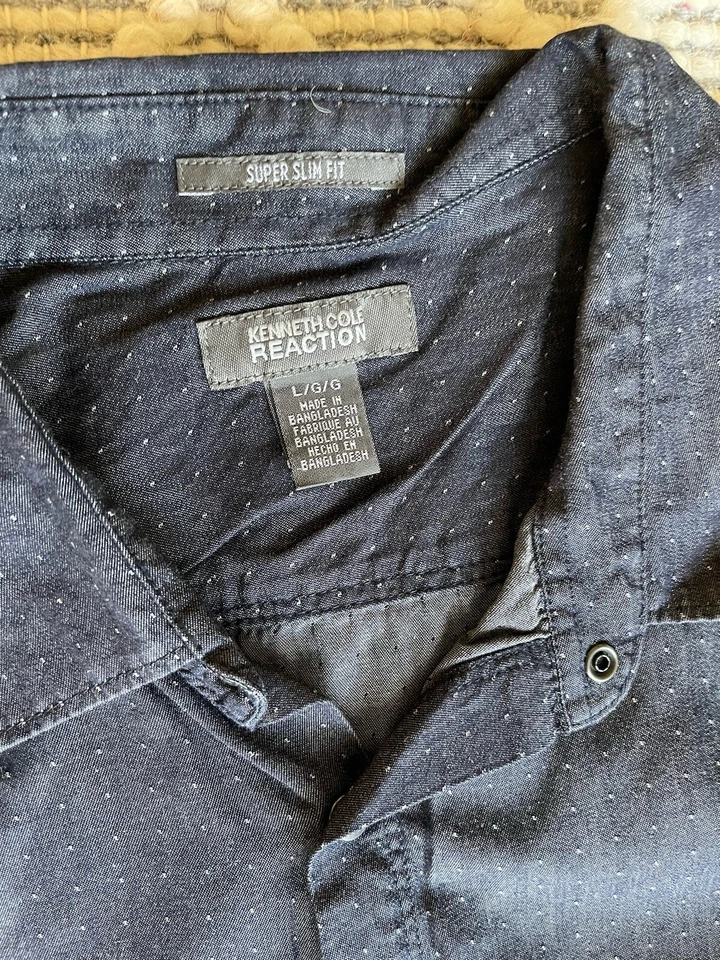 💙 Camisa Kenneth Cole Para Hombres Grande de Metal con Botones a Presión Denim Punto Azul 100% Algodón Foto 3 de 4