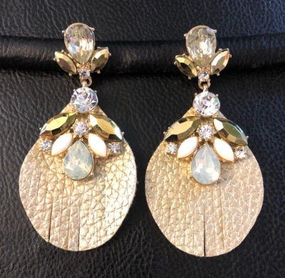 Fashion Statement Earrings GOLD Opalite Rhinestone Vegan Leather Runway 3" 6425 - Image 1 of 4