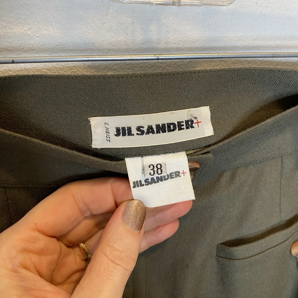 JIL SANDER + 100% Lana Falda 38 Verde Oliva Midi Safari Espalda Dividida Lápiz Oficina Foto 2 de 4