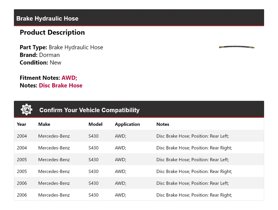 Manguera hidráulica de freno Dorman 2005 AWD para Mercedes-Benz S430 2004-2006 Foto 2 de 4