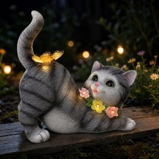 Solar Garden Statue Cat Figurine, Resin Solar Lights with Flower Decor Black