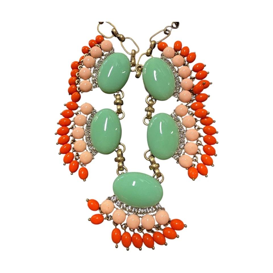 J. Crew Gold Tone Green & Orange Crystal Statement Necklace JC512 - Image 3 of 4