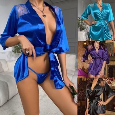 Damen Spitze Reizwäsche Satin Robe Dessous Babydoll Kimono Negligee Nachtkleid