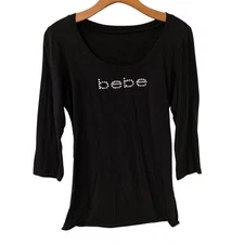Bebe Top Sz S Black Small Elbow Length Sleeve Spellout Rhinestones 