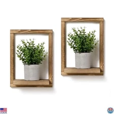 Chic 2-Pack Wooden Framed Shelves with Faux Plants - Modern Farmhouse Wall Art