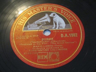 1951 Mario Lanza Ave Maria / Because (From Great Caruso) 10'' Shellac Disc 78 rpm