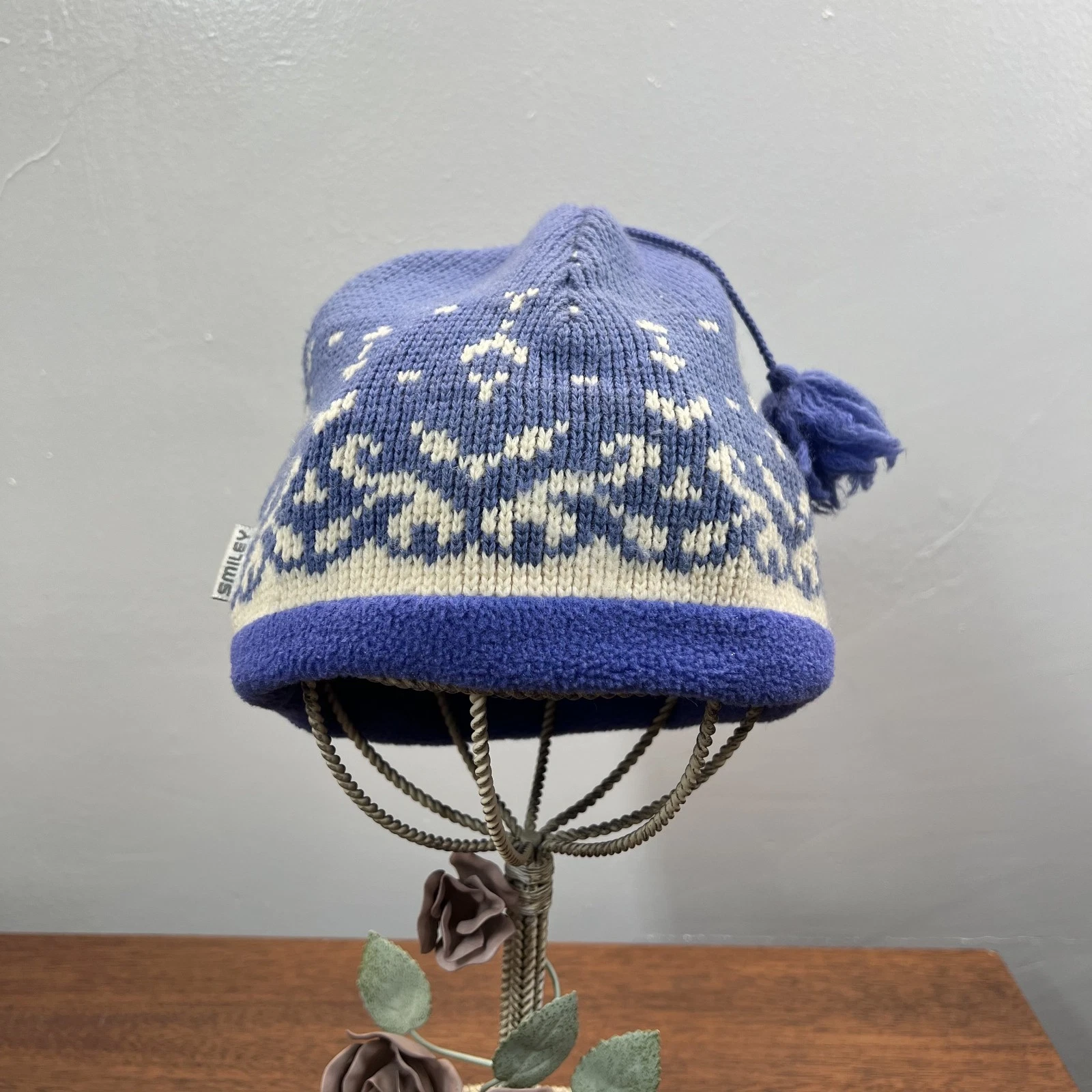 Vintage Smiley Wool Beanie Blue Hat Fleece Lined Pom Pom Tassels OS USA Boho Ski