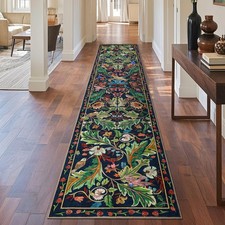 Botanical Non Slip Runner Rug 2x10, Washable Boho Jungle, Dark Green
