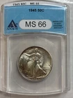 1945 50C WALKING LIBERTY HALF DOLLAR  MS66
