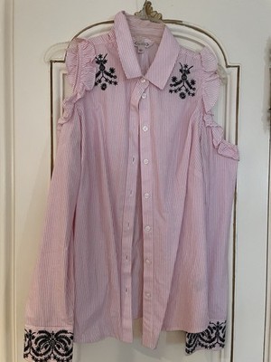 Nanette Lepore Long Sleeve Cold Shoulder Button Shirt Pink Stripe Embroidery M