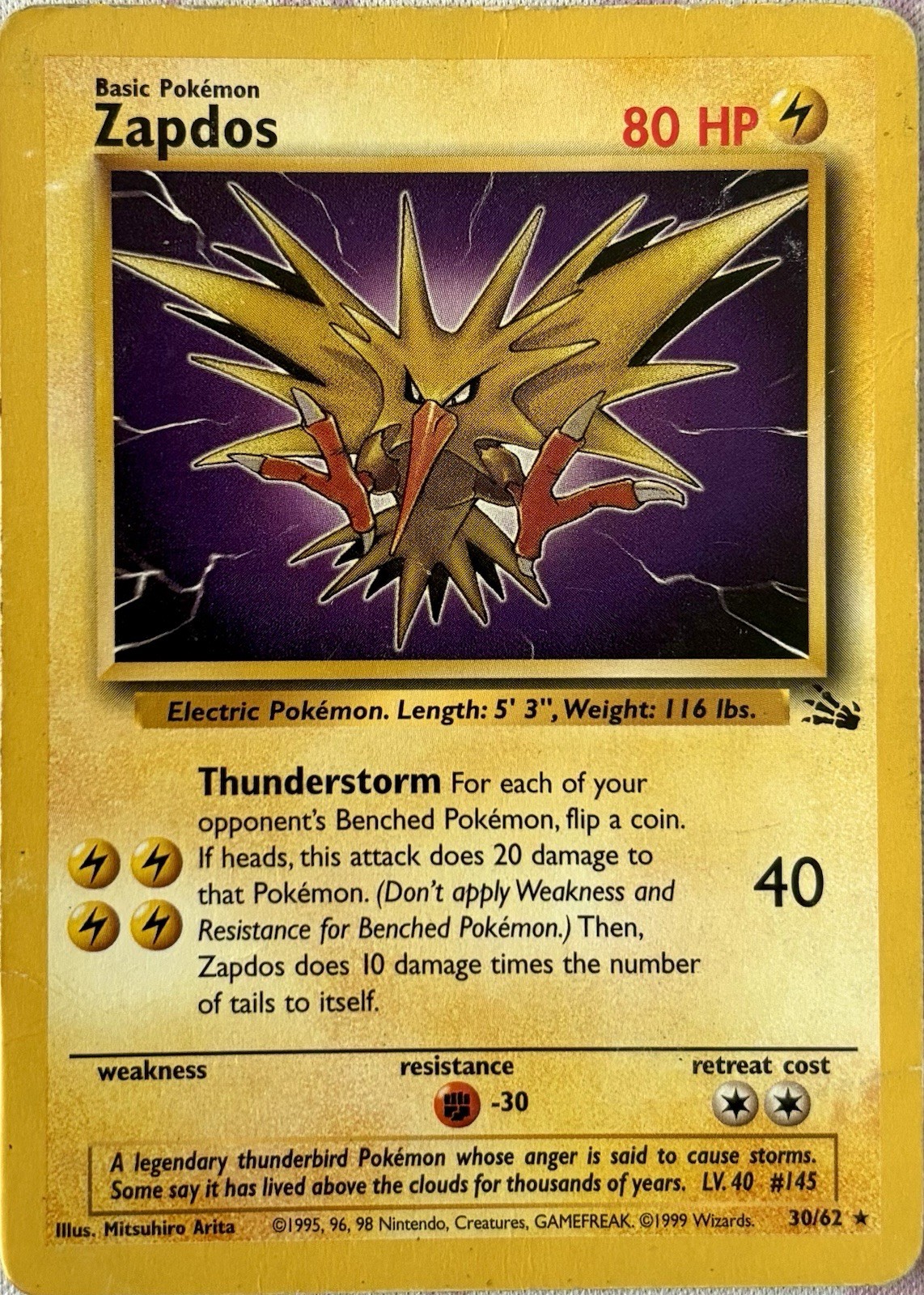 Zapdos 30/62 Fossil Unlimited Non-Holo Rare Vintage 1999 Pokemon TCG