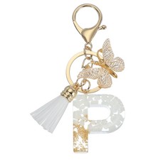 Alphabet P Tassel Butterfly Initial Letter Keychain Gold Tone/White, Pack of 1 