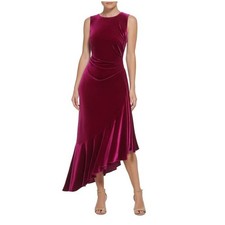 EUC  ELIZA J Velvet Ruched Asymmetric Midi Dress Fuchsia – Size 6