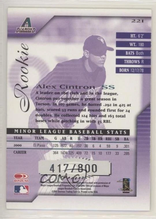 2001 Donruss Signature Series Rookie /800 Alex Cintron #221 - Image 2 of 2