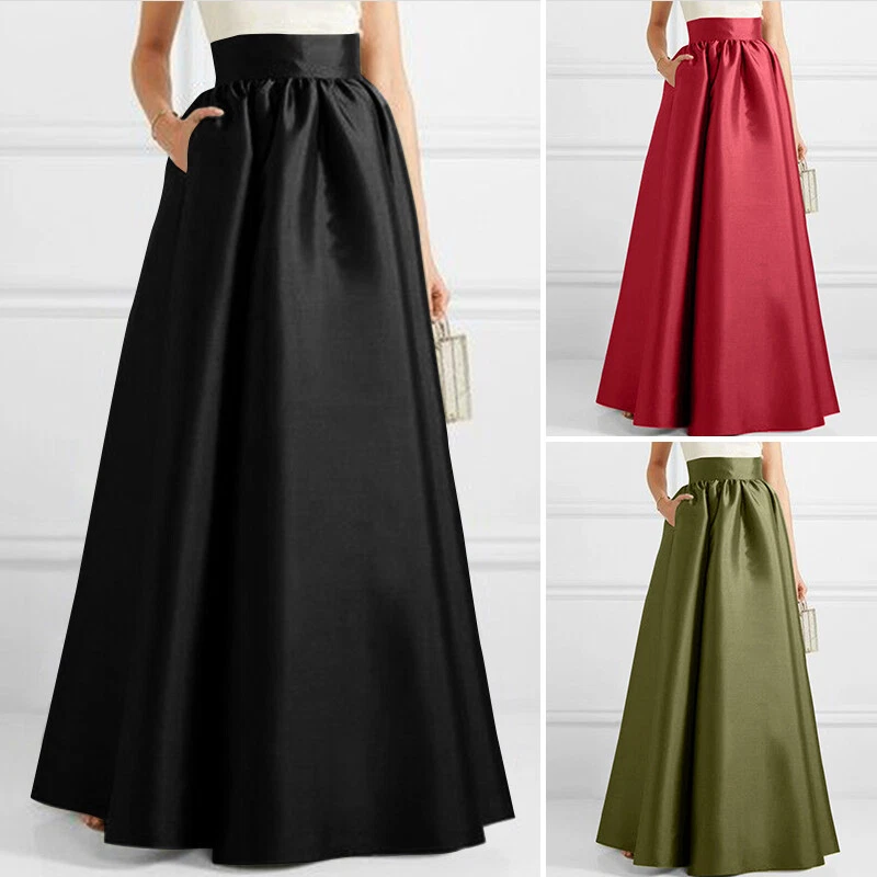 Women Silky Satin Long Maxi Skirt Corset High Waist Solid Loose Swing Dress  Plus