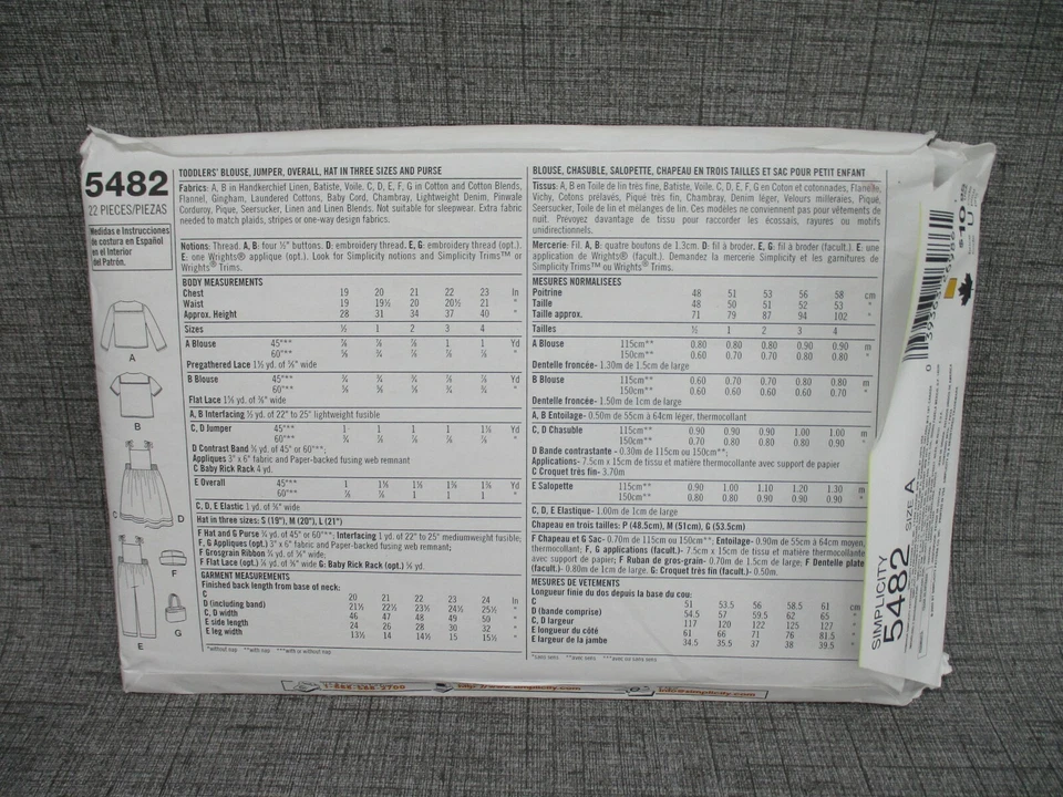  Simplicity Sewing Pattern 5482 Toddler Blouse Jumper Overall Hat Purse Size A - Image 3 of 4