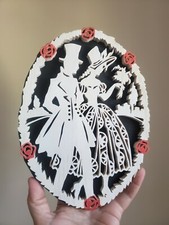 Handmade Wooden Vintage Man and Woman Silhouette Portrait Whitewashed Flowers