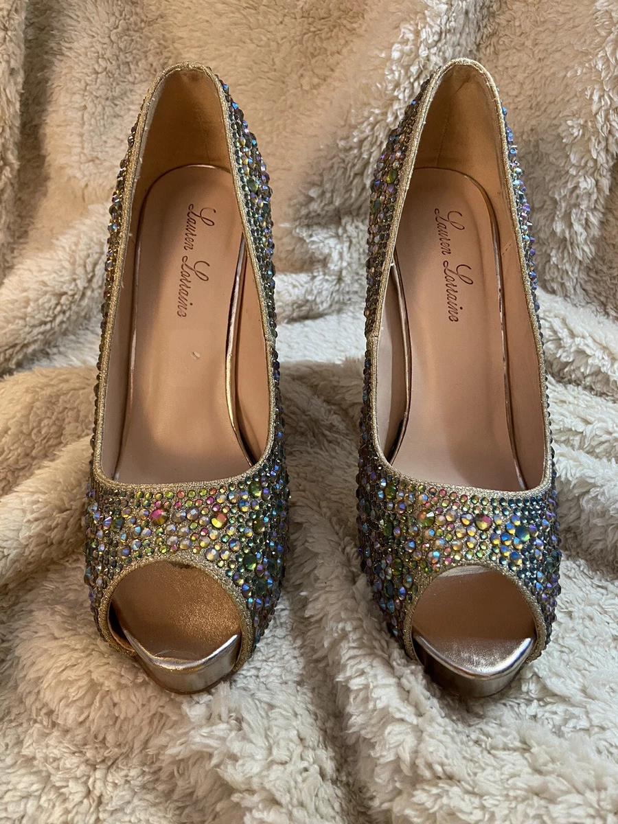 LAUREN LORRAINE CANDY HEELS RHINESTONES GOLD PINK GREEN OPEN TOE Size 9
