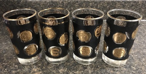 Set of 4 • Vintage Libbey Mid Century Black & Gold Coin High Ball Glasses - Picture 1 of 9