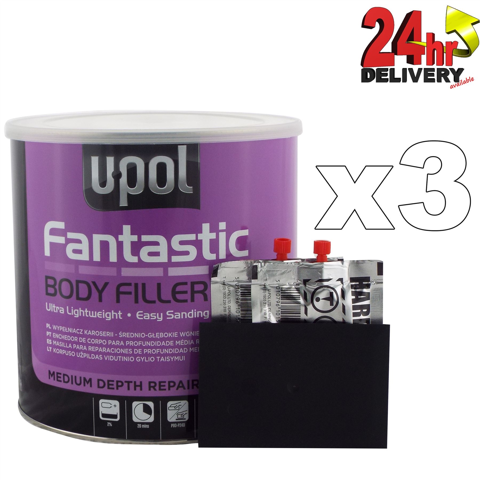 3 x U-Pol Fantastic Polyester Body Filler 3L Upol Includes Hardener and Spreader
