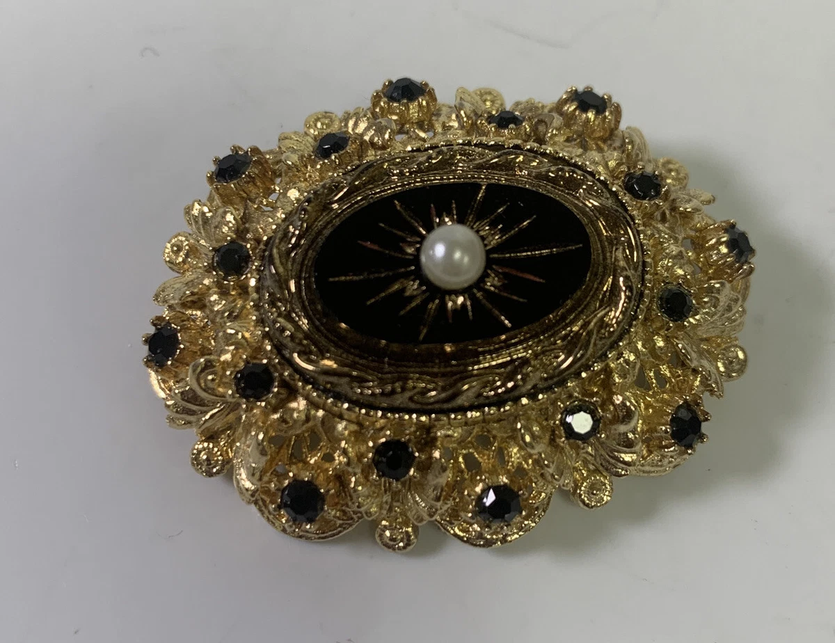 Vintage SPHINX Brooch Gold Tone Black Marked A829 Faux Pearl 1950s