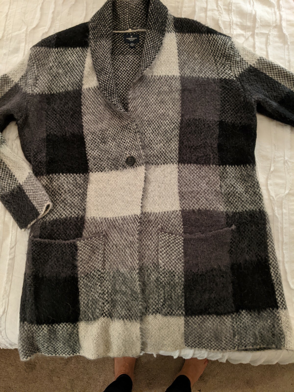 Gray Plaid Coat Cardigan Sweater Sz M 