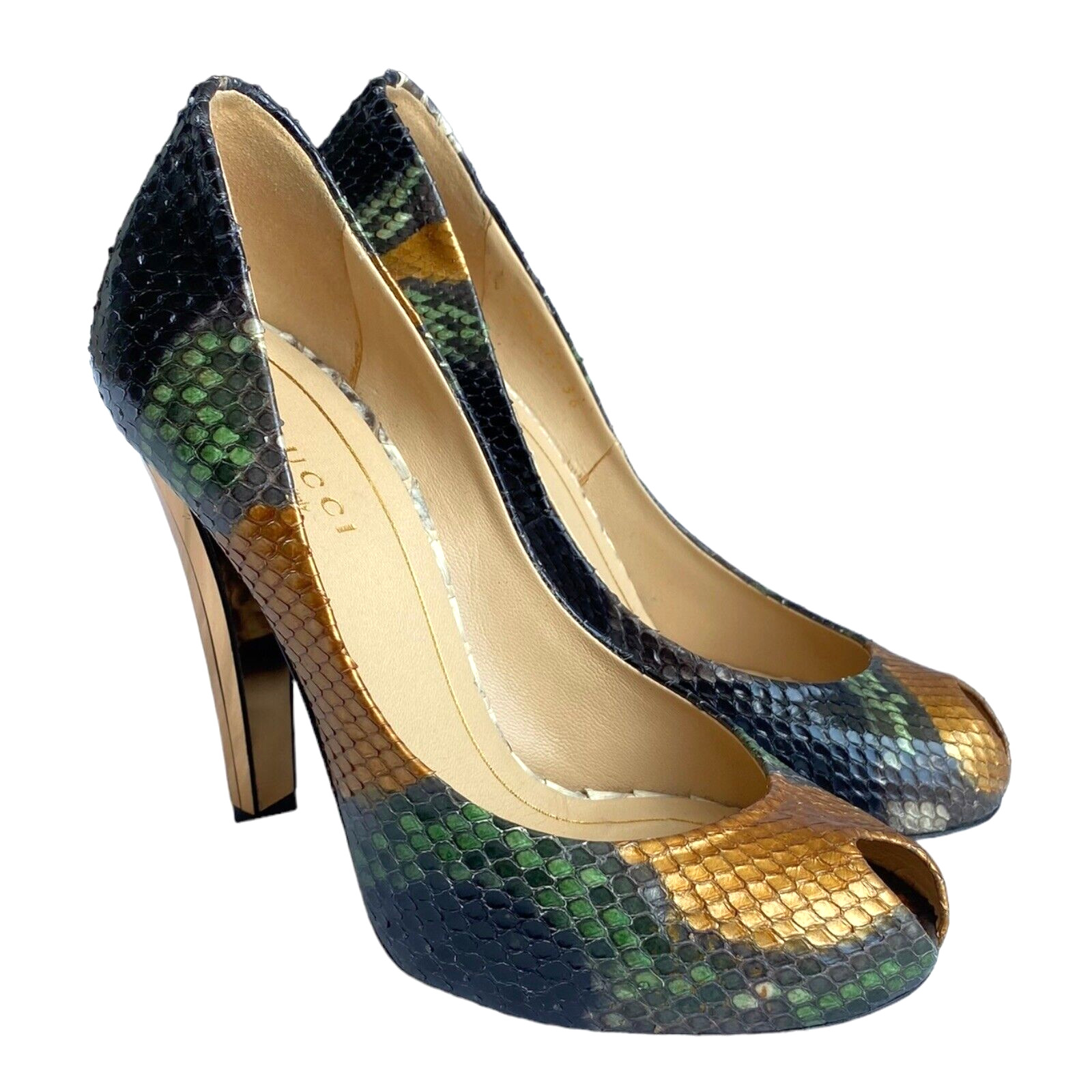 GUCCI Multicolor Python Leather Peep Toe Gold Mir… - image 1