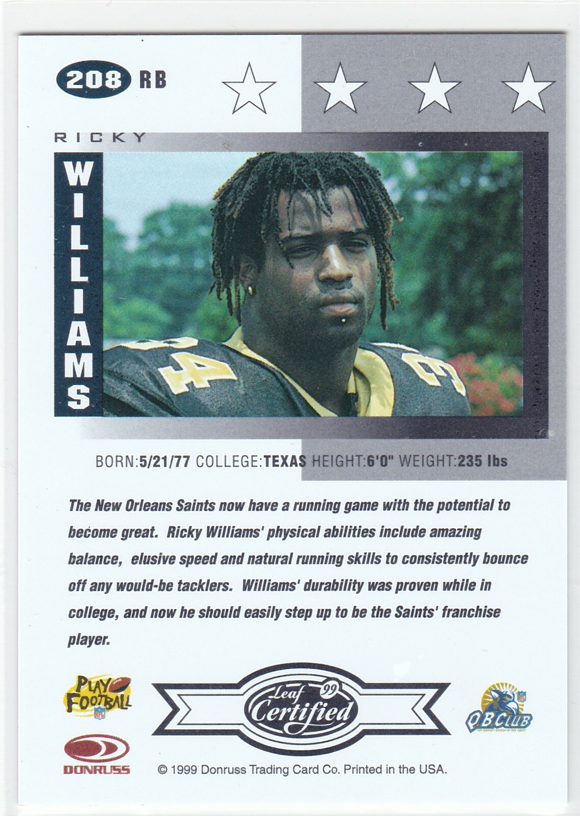 Ricky Williams Rookie Card 1999 Leaf Certified 4 Stars #208 Ricky Williams RC Rookie Card (T9) | eBay