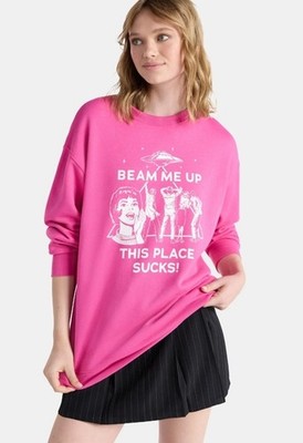 Netflix Stranger Things Oversized Fleece Sweatshirt Women's Pink Beam Me Up