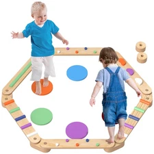 Kids Balance Beam, Wooden Balance Board with Stepping Stone