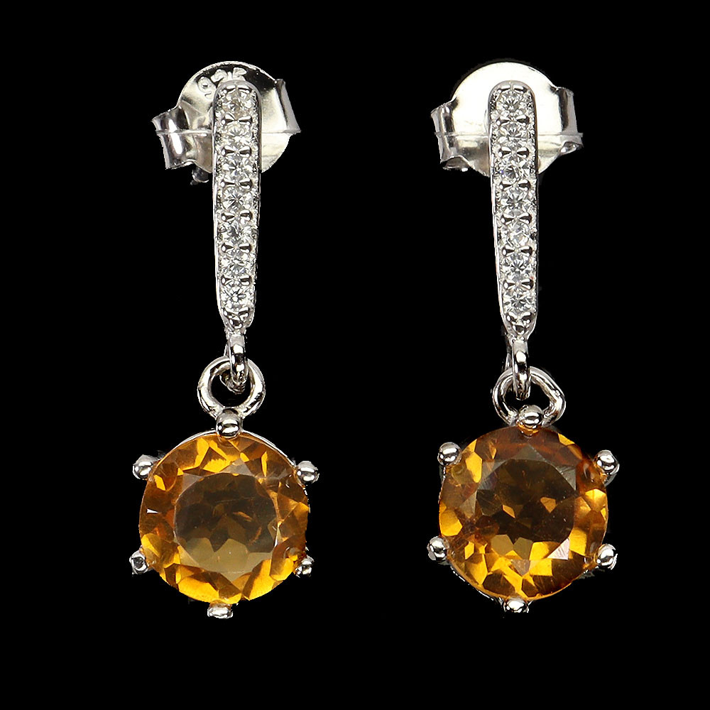 925 Sterling Silver Round 7mm Natural Citrine Gemstone Earrings Jewelry