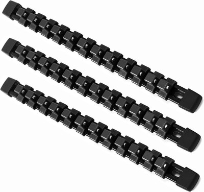 3 PC ABS Socket Organizer, 1/2 Inch Drive Rail Holders, Heavy Duty Racks, Black 