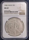 1986 SILVER AMERICAN EAGLE - $1 - NGC MS69 - Brilliantly Uncirculated