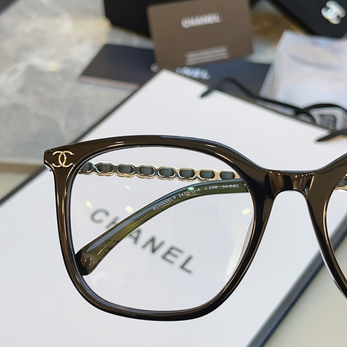 Chanel 3435 black rectangular frame transparent lenses 54 20-140