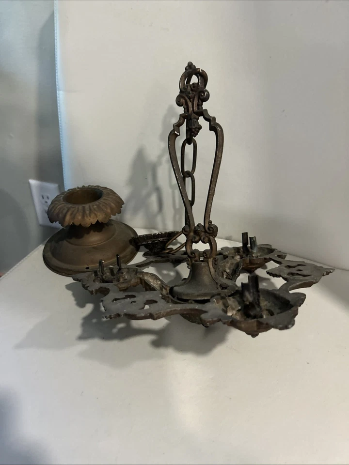 VINTAGE ART NOUVEAU CAST METAL 3 BULB CHANDELIER-FOR PARTS - Image 2 of 4