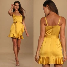 NWT Lulus Glamorous Lifestyle Mustard Yellow Satin Faux Wrap Mini Dress Size XL