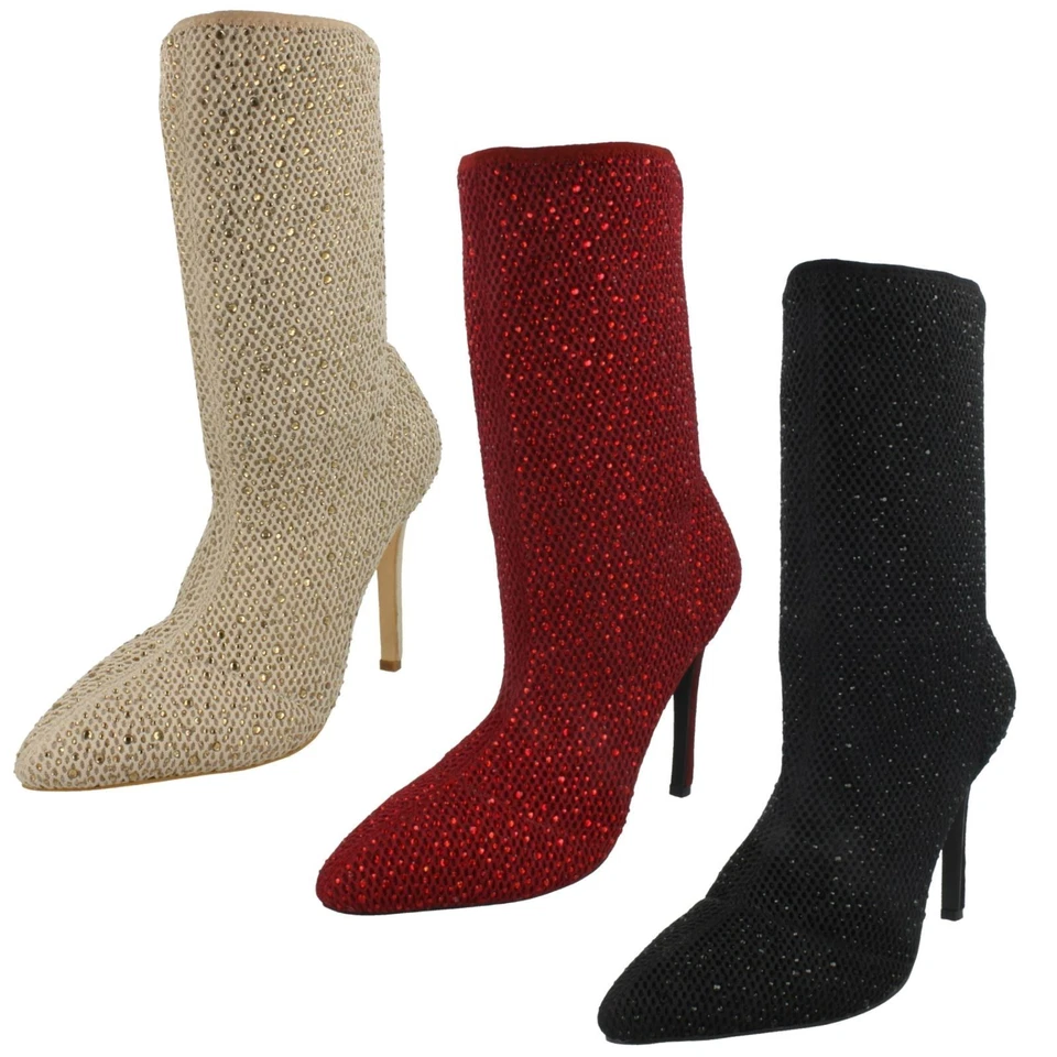 Damen Anne Michelle Textil Hineinschlüpfen Strass Nieten Wadenhohe Stiefel - Bild 1 von 1