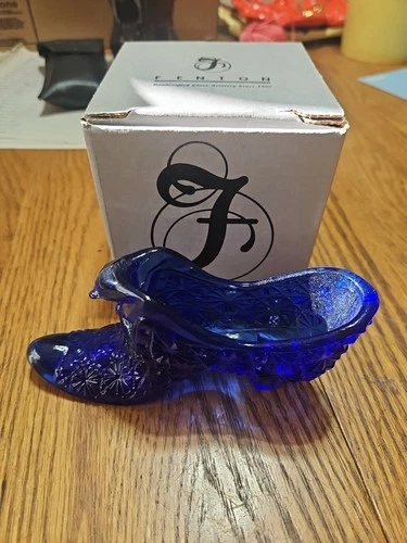 Vintage Fenton Glass Cobalt Blue Slipper  Starburst Design