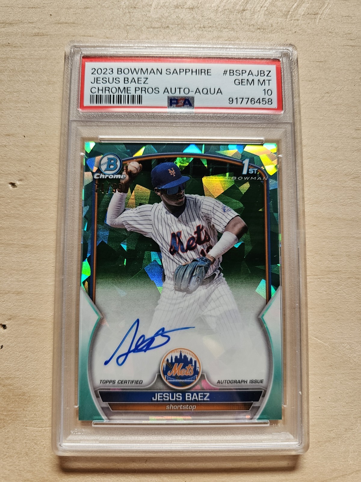 JESUS BAEZ 2023 BOWMAN SAPPHIRE 1st ATOMIC AQUA REFRACTOR AUTO SN /99 PSA 10