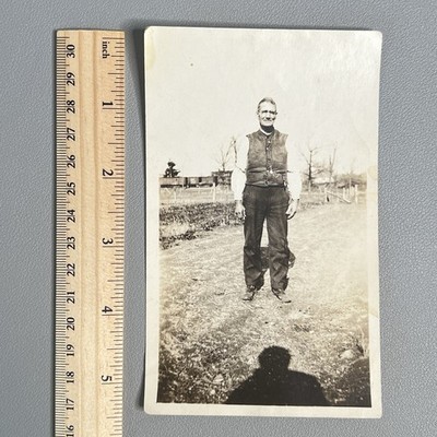 Vintage Photo Man Watch Fain Shadow Train Boxcar Background 1910s Workwear Found