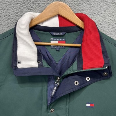 Vintage Tommy Hilfiger Down Jacket Mens Large Green Puffer Coat Flag Logo Y2K