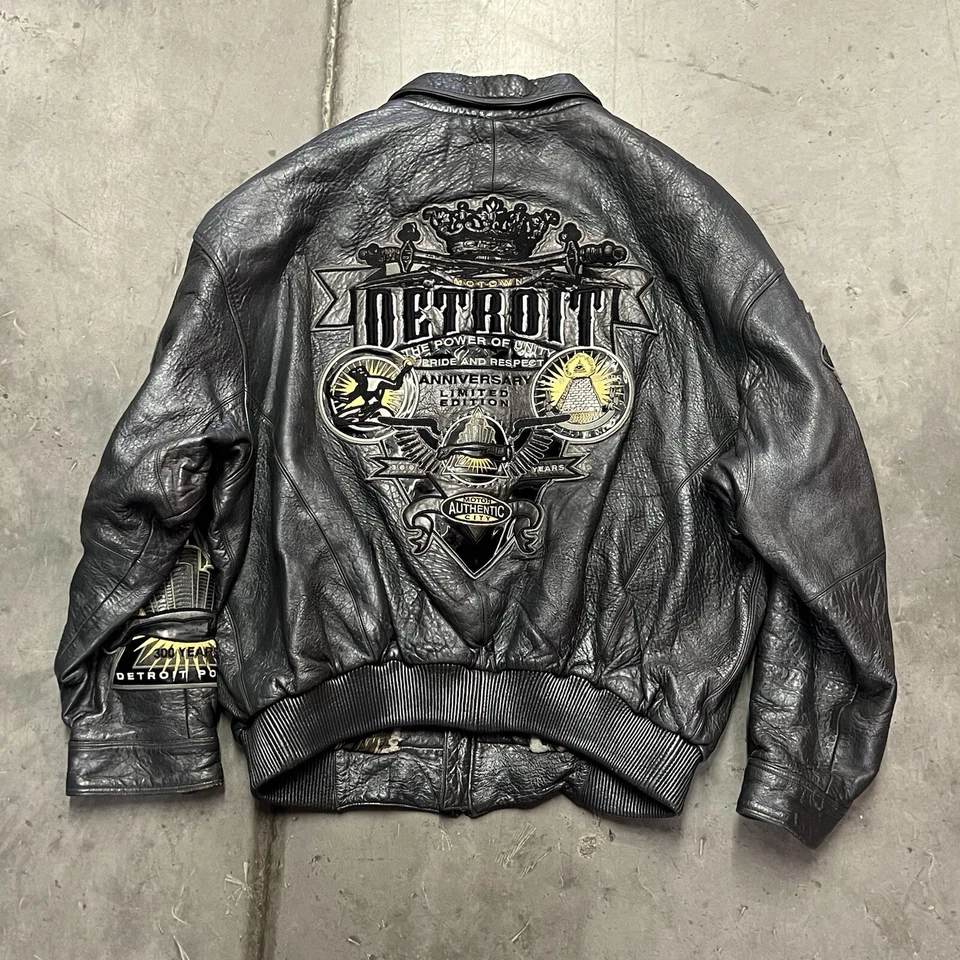 Chaqueta de cuero vintage Al Wissam para hombre gris acolchada Iluminati Detroit 52 2XL RARA