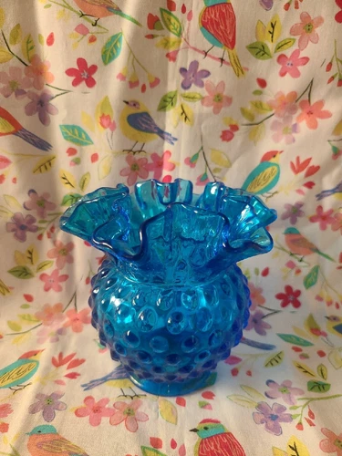 Vintage Fenton Blue Glass Ruffled Edge  Hobnail Vase