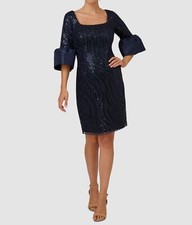 Adrianna Papell Women's Blue Sequins Embroidered Square Neck Dress Size 4