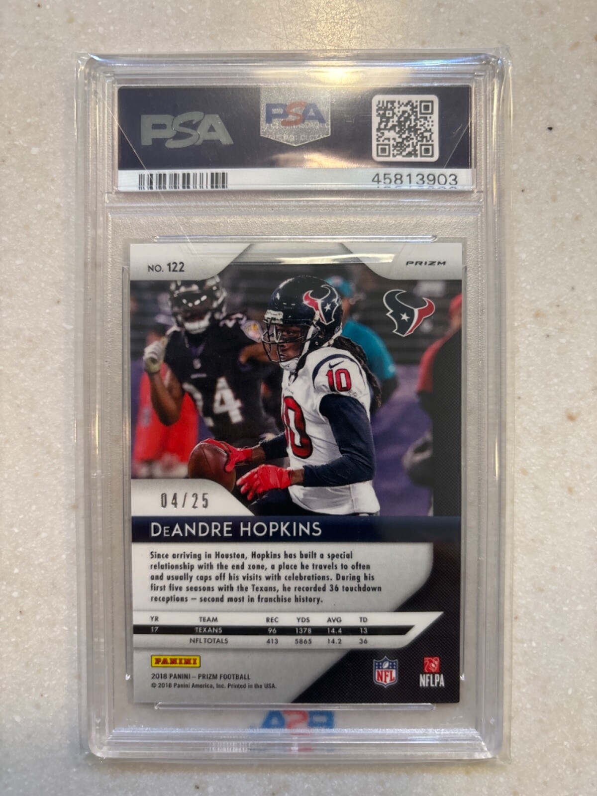 2018 Panini Prizm DeAndre Hopkins Camo Prizm #122 4/25 SSP PSA 10 Pop 1 view 2