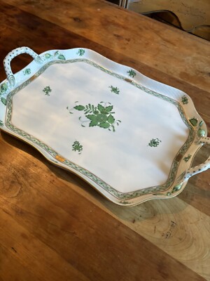 EUC Herend Large Scalloped green Chinese bouquet tray RARE
