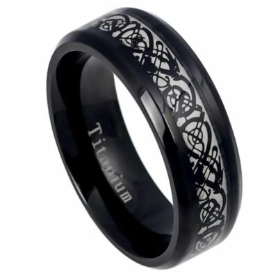 Titan Ring Unisex schwarz IP plattiert mit black ip celtic design Inlay - 8mm