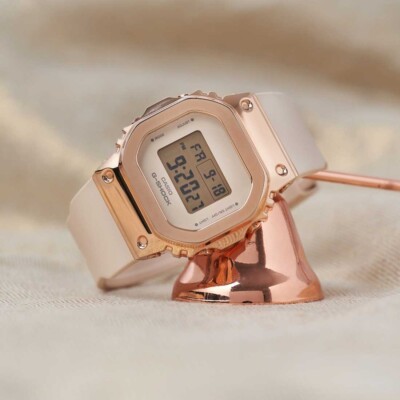 G-Shock Metal Pink Gold Case Beige Resin Band Mid-Size Watch