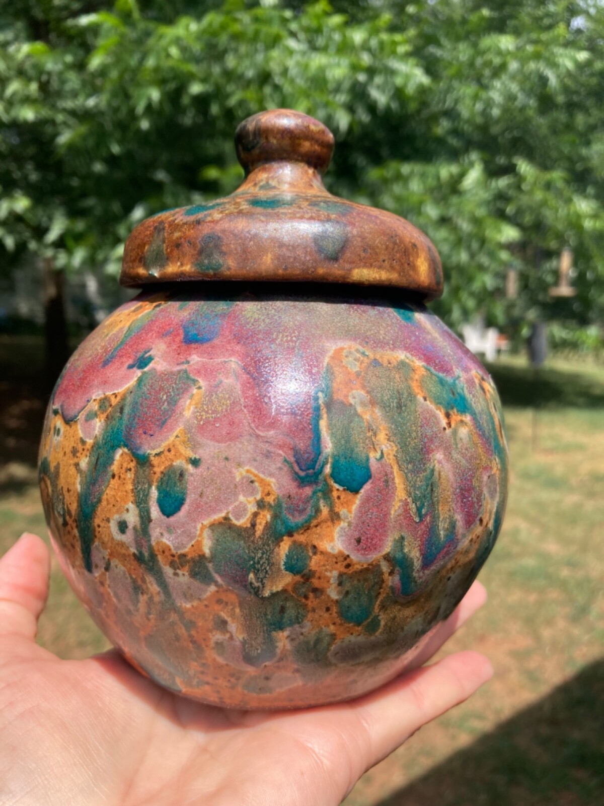 Vintag Betty Coble Drip Glaze Studio Pottery Crock Jar With Lid NC Found Pottery